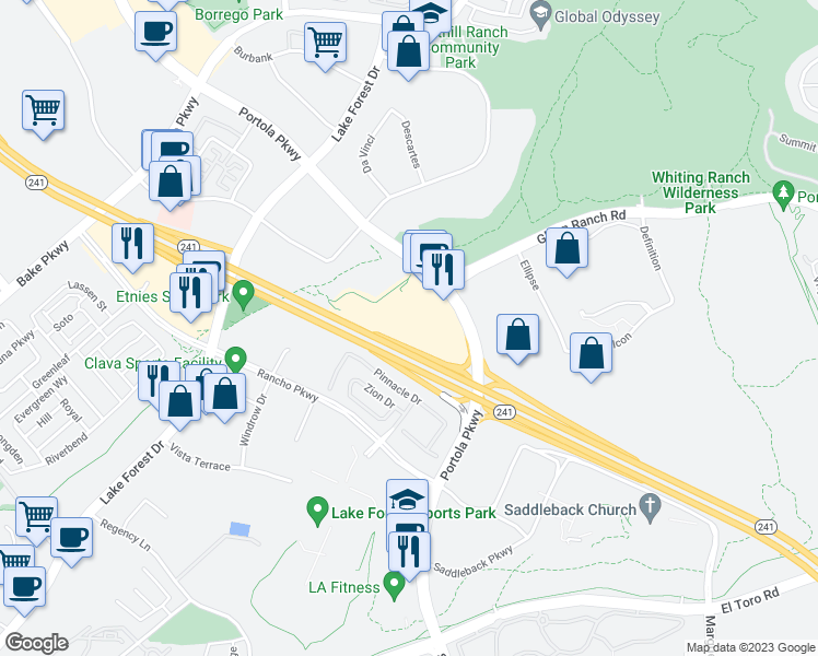 map of restaurants, bars, coffee shops, grocery stores, and more near 27442 Portola Parkway in Lake Forest