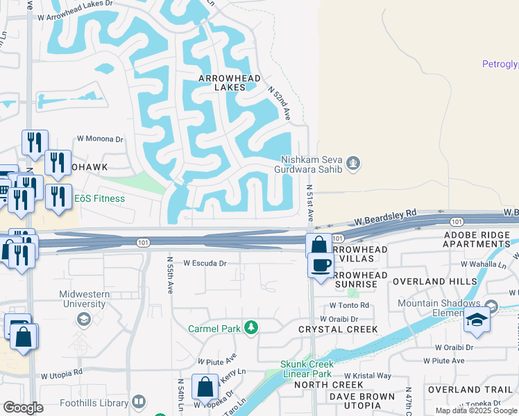 map of restaurants, bars, coffee shops, grocery stores, and more near 20272 North 52nd Drive in Glendale