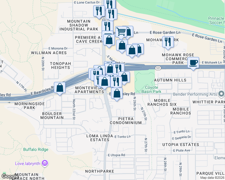 map of restaurants, bars, coffee shops, grocery stores, and more near 20215 North Cave Creek Road in Phoenix