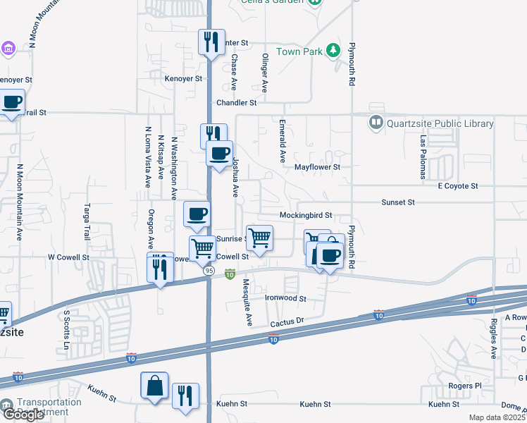map of restaurants, bars, coffee shops, grocery stores, and more near Road Runner Avenue in Quartzsite
