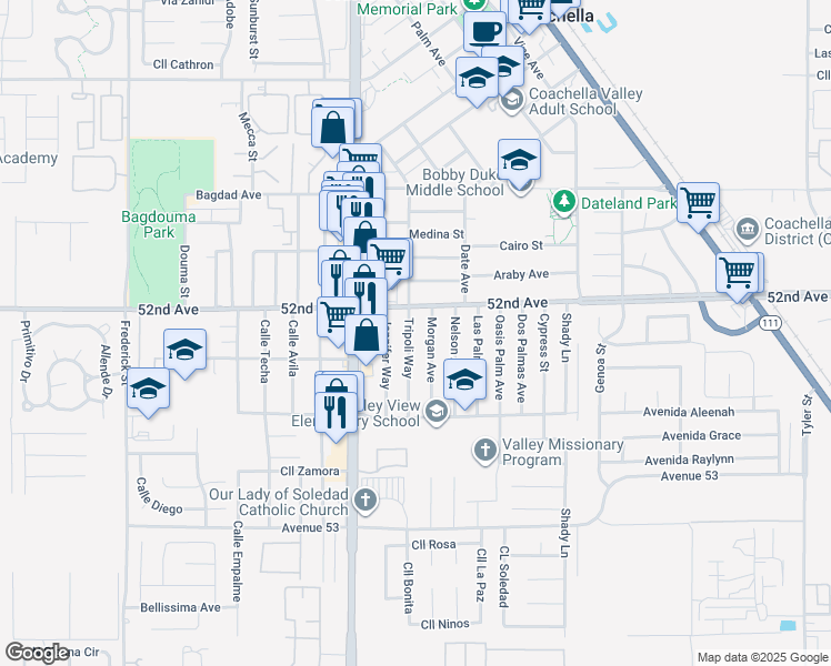 map of restaurants, bars, coffee shops, grocery stores, and more near 52192 Tripoli Way in Coachella