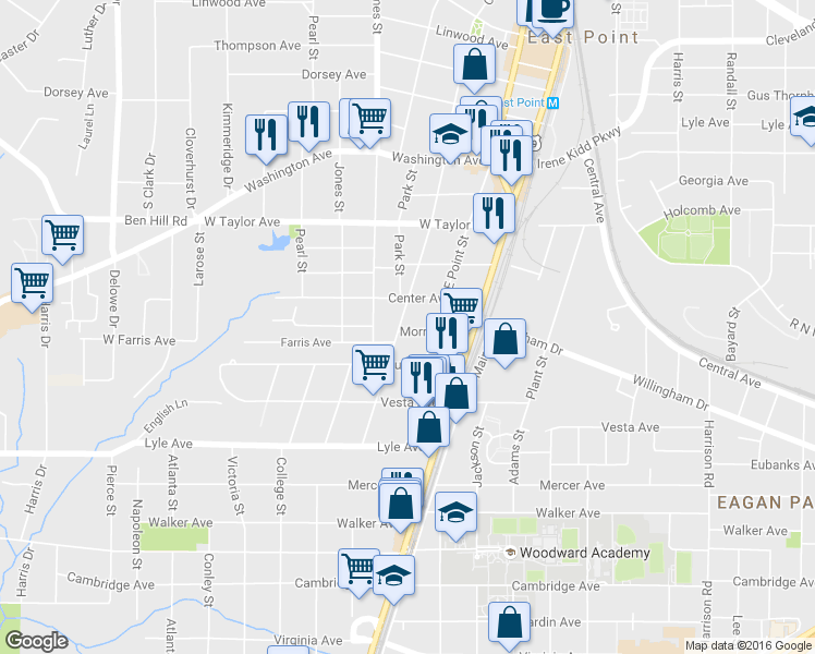 map of restaurants, bars, coffee shops, grocery stores, and more near 3130 Church St in Atlanta