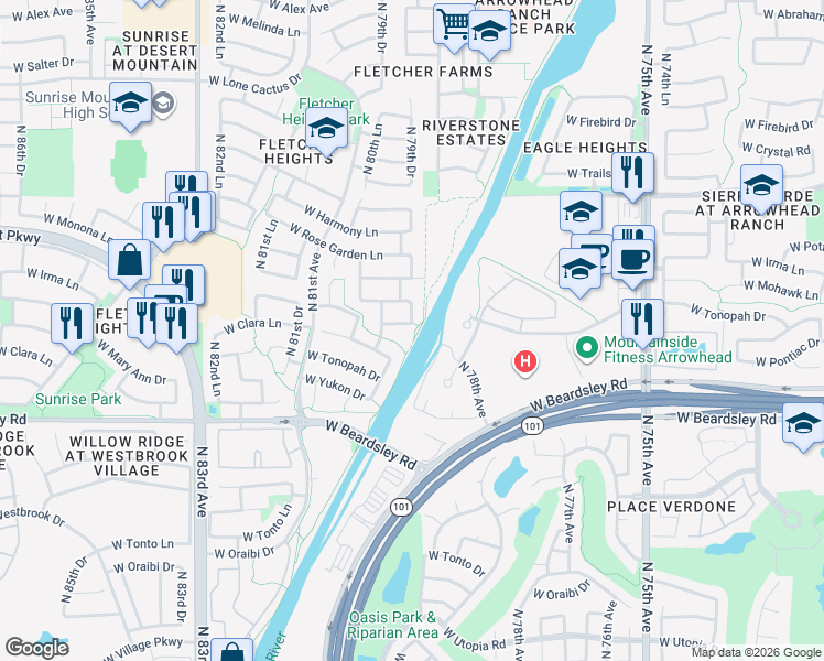 map of restaurants, bars, coffee shops, grocery stores, and more near 7916 West Mary Ann Drive in Peoria
