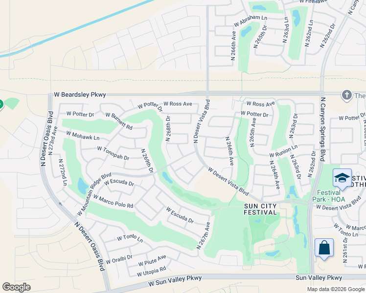 map of restaurants, bars, coffee shops, grocery stores, and more near 20497 North 267th Lane in Buckeye