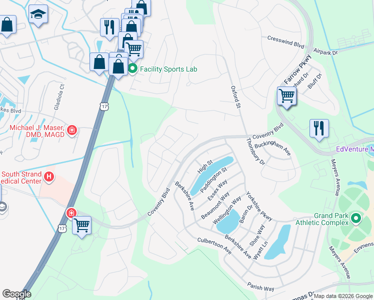 map of restaurants, bars, coffee shops, grocery stores, and more near 2551 Heritage Loop in Myrtle Beach