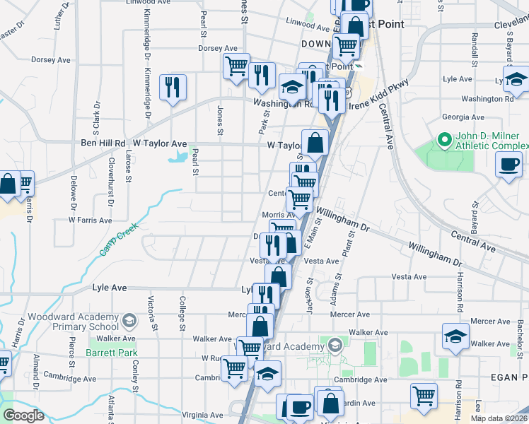 map of restaurants, bars, coffee shops, grocery stores, and more near 3113 Church Street in East Point