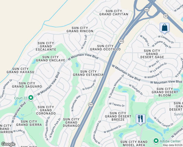 map of restaurants, bars, coffee shops, grocery stores, and more near 16547 West Torrance Lane in Surprise
