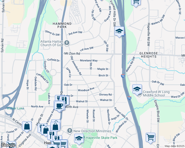 map of restaurants, bars, coffee shops, grocery stores, and more near 273 Birch Street in Hapeville