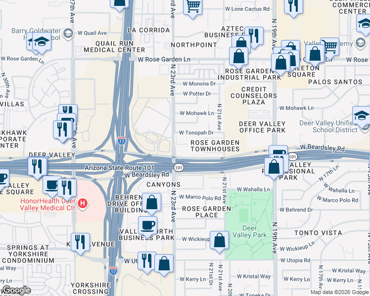 map of restaurants, bars, coffee shops, grocery stores, and more near 2222 West Beardsley Road in Phoenix
