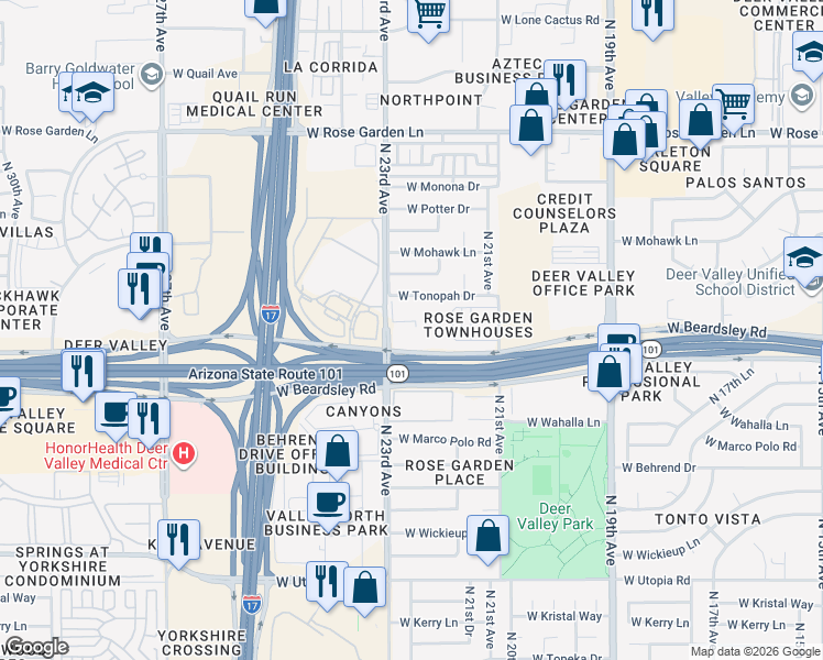 map of restaurants, bars, coffee shops, grocery stores, and more near 2222 West Beardsley Road in Phoenix