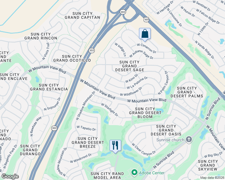 map of restaurants, bars, coffee shops, grocery stores, and more near 15988 West La Paloma Drive in Surprise