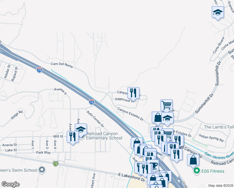 map of restaurants, bars, coffee shops, grocery stores, and more near 31509 Canyon View Drive in Lake Elsinore