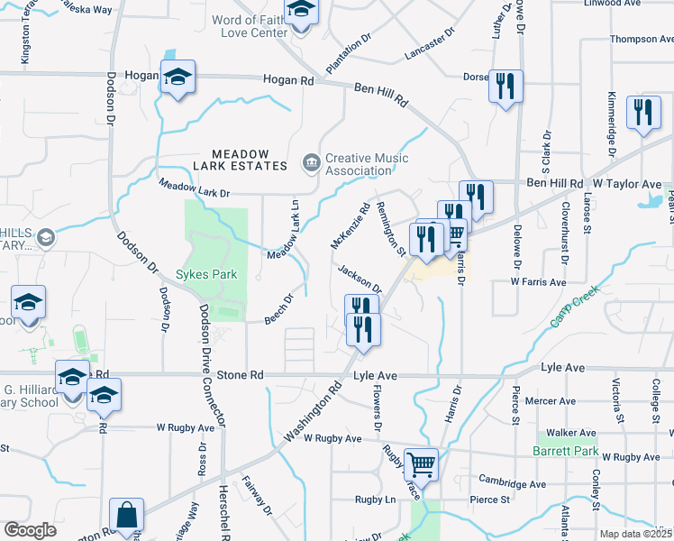 map of restaurants, bars, coffee shops, grocery stores, and more near 3102 McKenzie Road in East Point