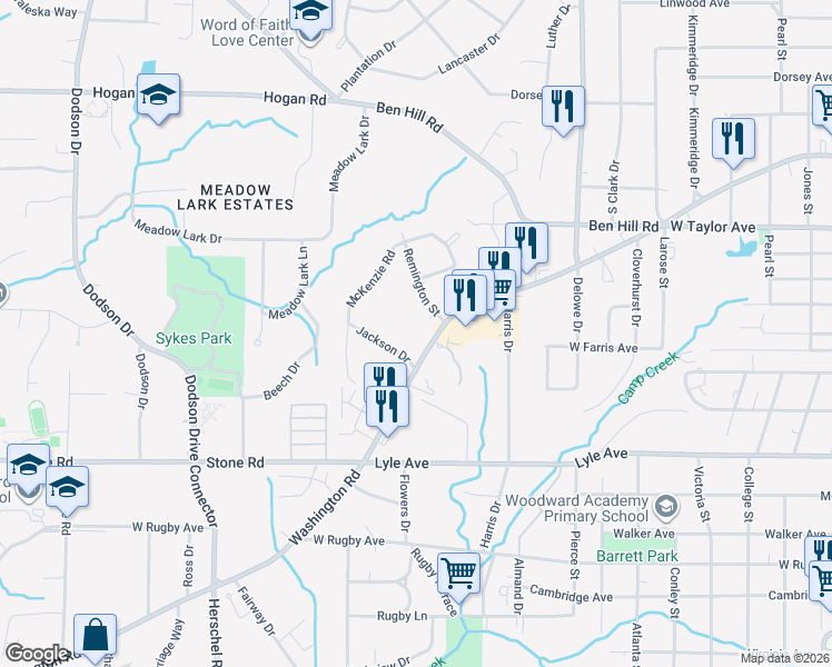 map of restaurants, bars, coffee shops, grocery stores, and more near 3131 Washington Road in East Point