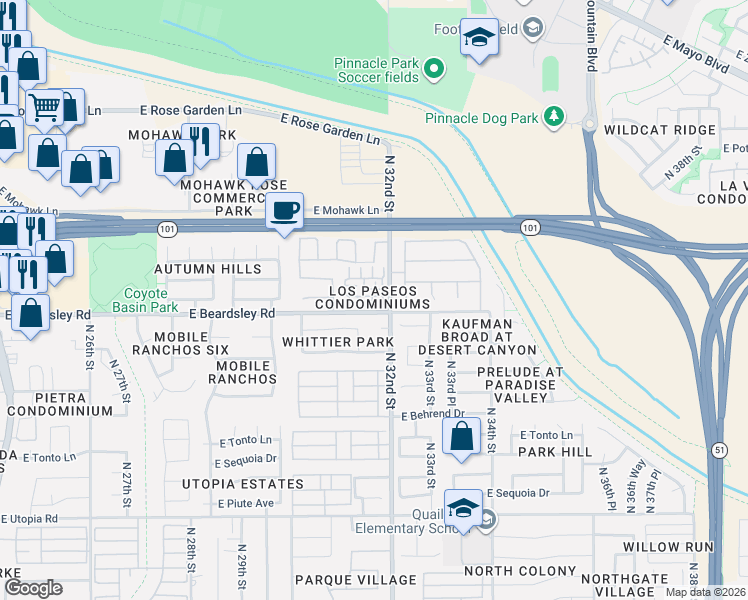 map of restaurants, bars, coffee shops, grocery stores, and more near 3150 East Beardsley Road in Phoenix
