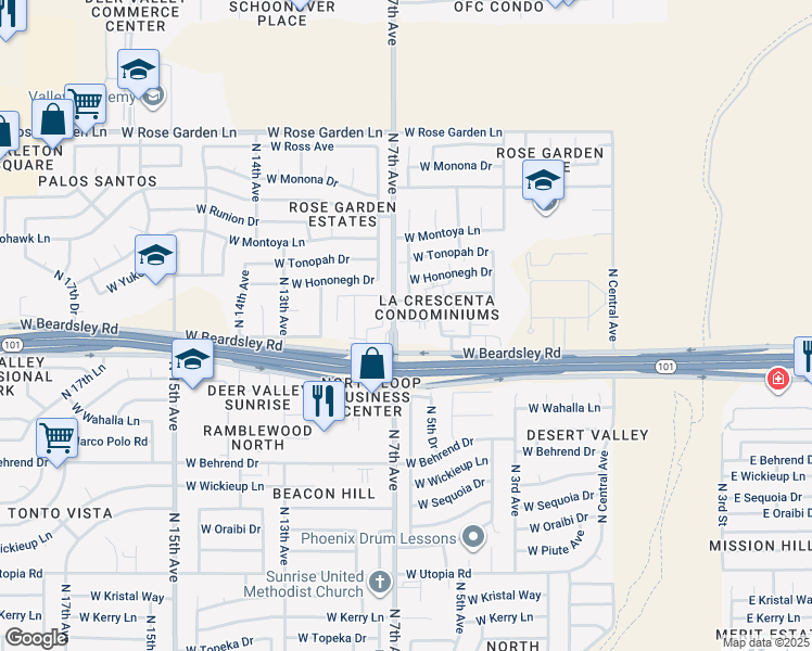 map of restaurants, bars, coffee shops, grocery stores, and more near 20350 North 7th Avenue in Phoenix