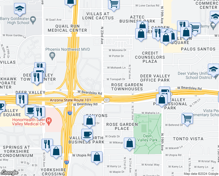 map of restaurants, bars, coffee shops, grocery stores, and more near 2222 West Beardsley Road in Phoenix