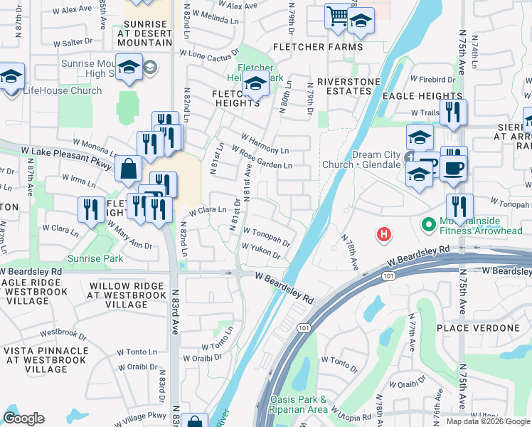 map of restaurants, bars, coffee shops, grocery stores, and more near 8027 West Maryann Drive in Peoria