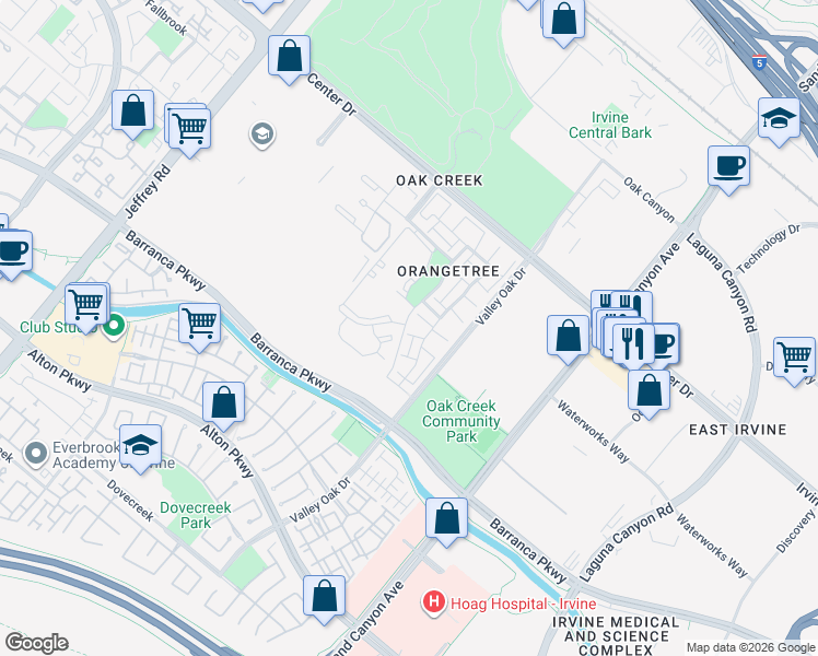 map of restaurants, bars, coffee shops, grocery stores, and more near 41 Tangelo in Irvine