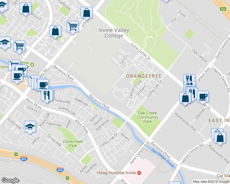 map of restaurants, bars, coffee shops, grocery stores, and more near 123 Tangelo in Irvine