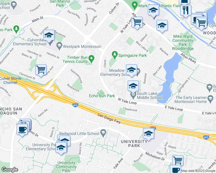 map of restaurants, bars, coffee shops, grocery stores, and more near 75 Thicket in Irvine
