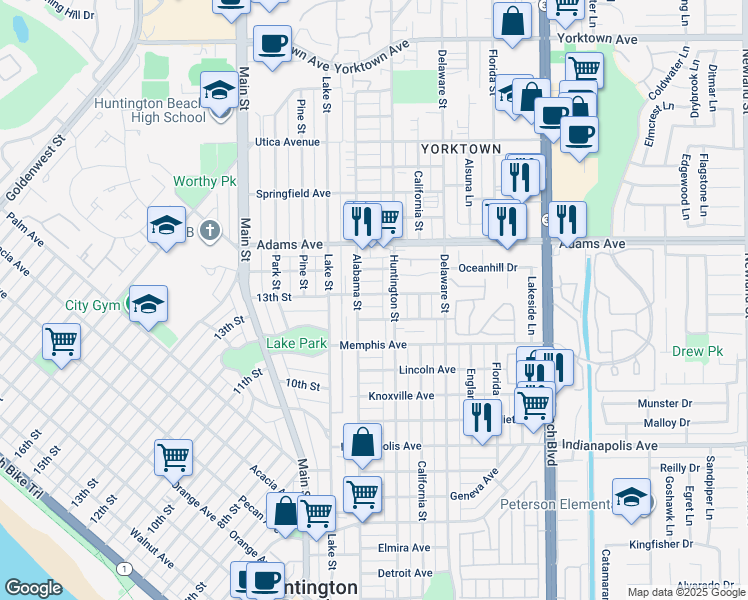 map of restaurants, bars, coffee shops, grocery stores, and more near 215 Oswego Avenue in Huntington Beach