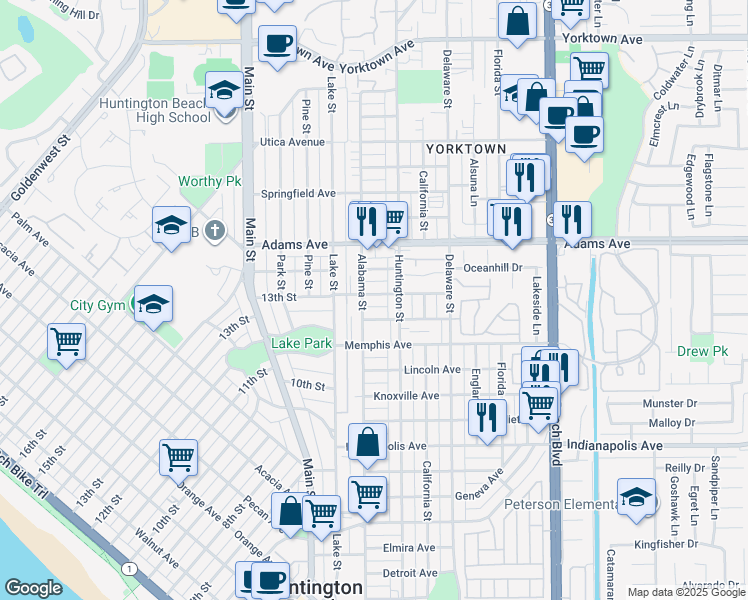 map of restaurants, bars, coffee shops, grocery stores, and more near 215 Oswego Avenue in Huntington Beach