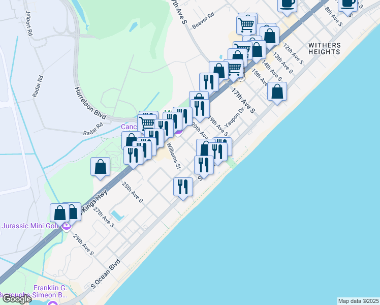 map of restaurants, bars, coffee shops, grocery stores, and more near 107 Rosemary Street in Myrtle Beach
