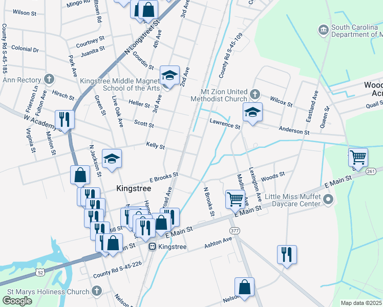 map of restaurants, bars, coffee shops, grocery stores, and more near 505 County Road S-45-109 in Kingstree