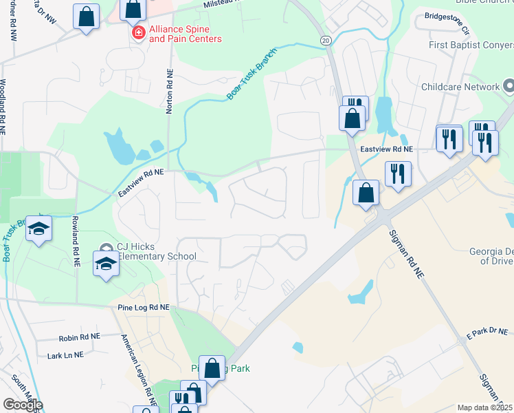 map of restaurants, bars, coffee shops, grocery stores, and more near 1491 Saint George Place in Conyers