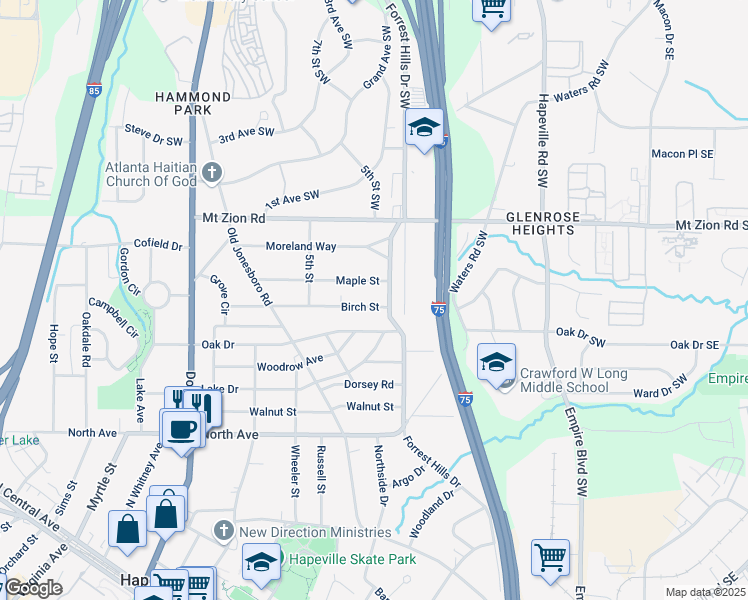 map of restaurants, bars, coffee shops, grocery stores, and more near 213 Birch Street in Hapeville
