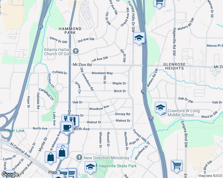 map of restaurants, bars, coffee shops, grocery stores, and more near 257 Birch Street in Hapeville