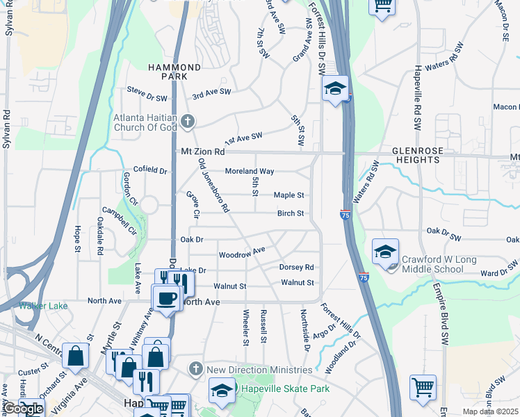 map of restaurants, bars, coffee shops, grocery stores, and more near 273 Birch Street in Hapeville