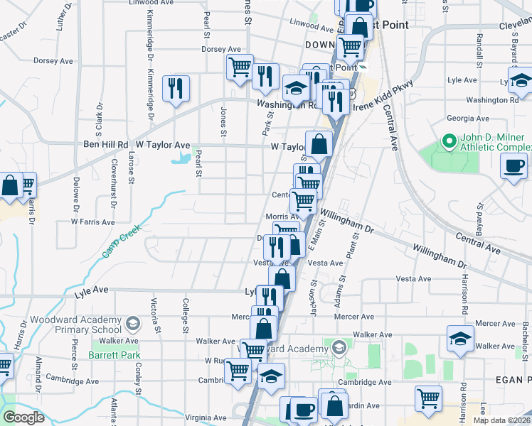 map of restaurants, bars, coffee shops, grocery stores, and more near 3130 Church Street in Atlanta
