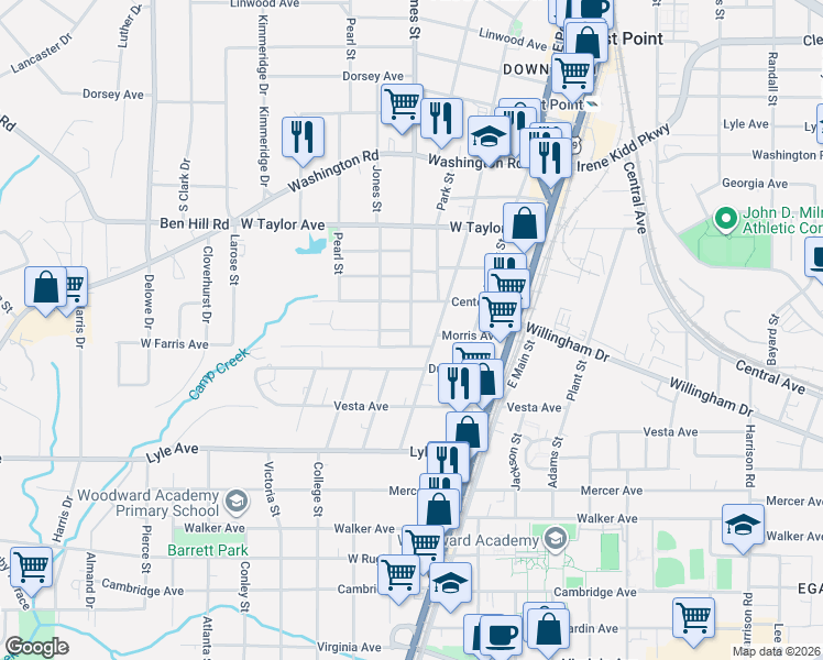 map of restaurants, bars, coffee shops, grocery stores, and more near 3113 Church Street in East Point