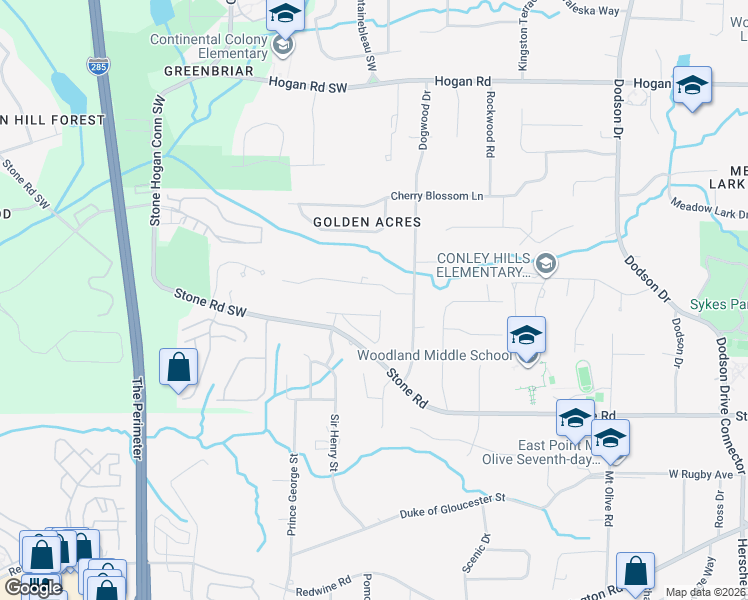 map of restaurants, bars, coffee shops, grocery stores, and more near 3024 Green Valley Drive in East Point