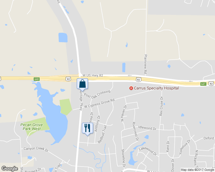 map of restaurants, bars, coffee shops, grocery stores, and more near 3410 Post Oak Crossing in Sherman