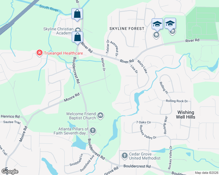 map of restaurants, bars, coffee shops, grocery stores, and more near 3840 Martin Dr in Ellenwood