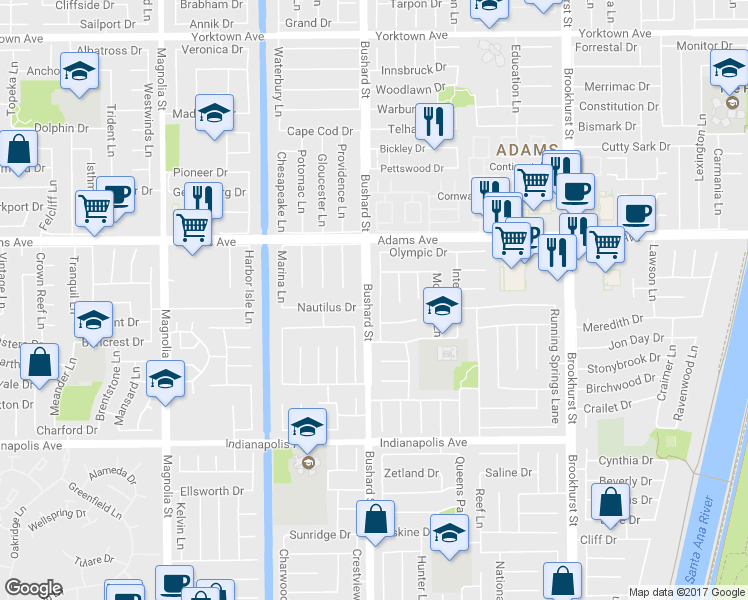 map of restaurants, bars, coffee shops, grocery stores, and more near 20141 Big Bend Lane in Huntington Beach