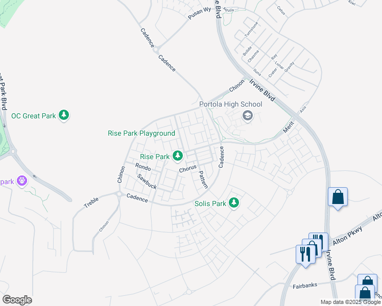 map of restaurants, bars, coffee shops, grocery stores, and more near 260 Merit in Irvine