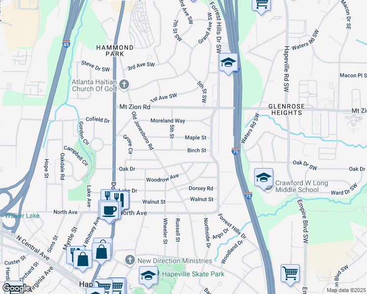 map of restaurants, bars, coffee shops, grocery stores, and more near 257 Birch Street in Hapeville