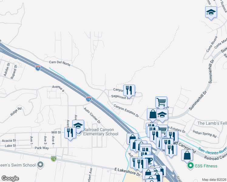 map of restaurants, bars, coffee shops, grocery stores, and more near 31509 Canyon View Drive in Lake Elsinore