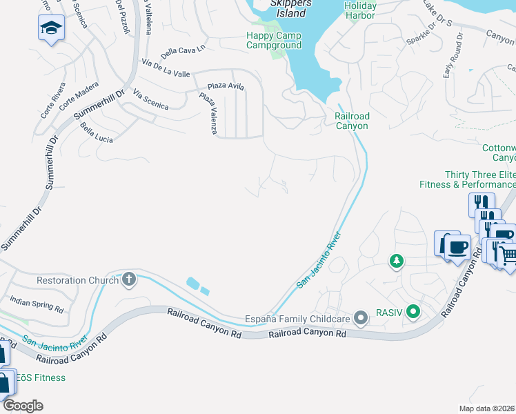 map of restaurants, bars, coffee shops, grocery stores, and more near 12 Via Del Lago in Lake Elsinore