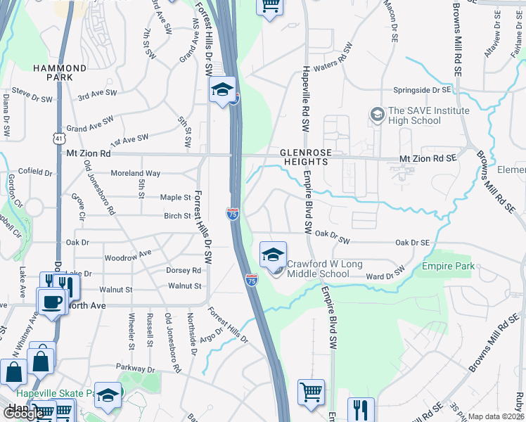 map of restaurants, bars, coffee shops, grocery stores, and more near 221 Glenrose Circle Southwest in Atlanta