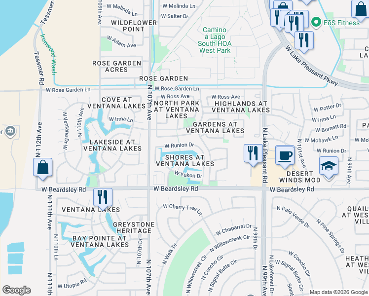 map of restaurants, bars, coffee shops, grocery stores, and more near 10532 West Runion Drive in Peoria
