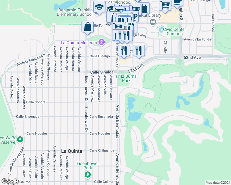 map of restaurants, bars, coffee shops, grocery stores, and more near 52091 Avenida Bermudas in La Quinta