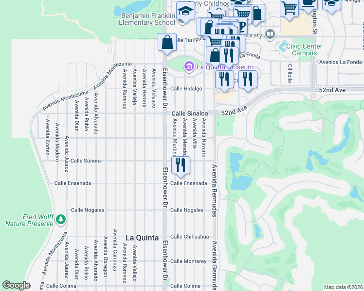 map of restaurants, bars, coffee shops, grocery stores, and more near 52059 Avenue Mendoza in La Quinta