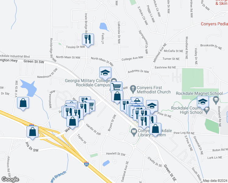 map of restaurants, bars, coffee shops, grocery stores, and more near 1019 Almand Street Northwest in Conyers