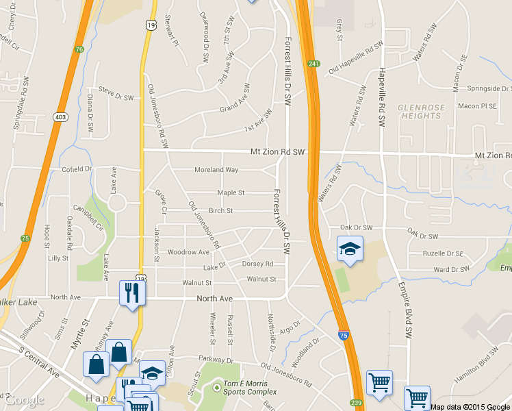 map of restaurants, bars, coffee shops, grocery stores, and more near 229 Birch Street in Hapeville