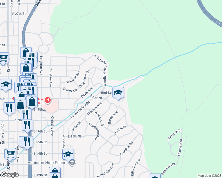 map of restaurants, bars, coffee shops, grocery stores, and more near 721 Bird Street in Anniston